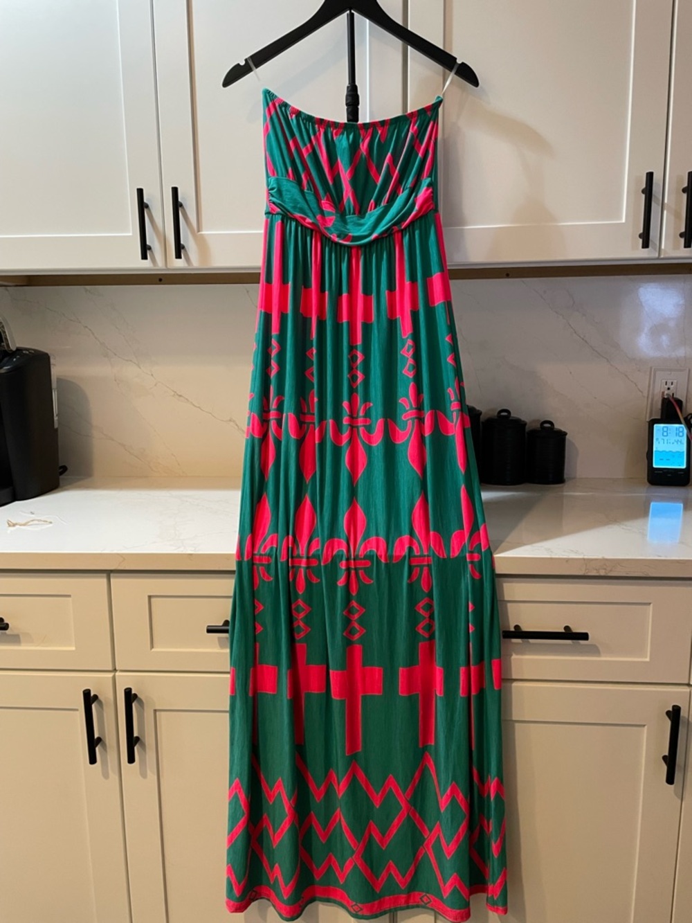 Cezanne Neon Green and Pink Strapless Patterned Maxi Dress (0022)